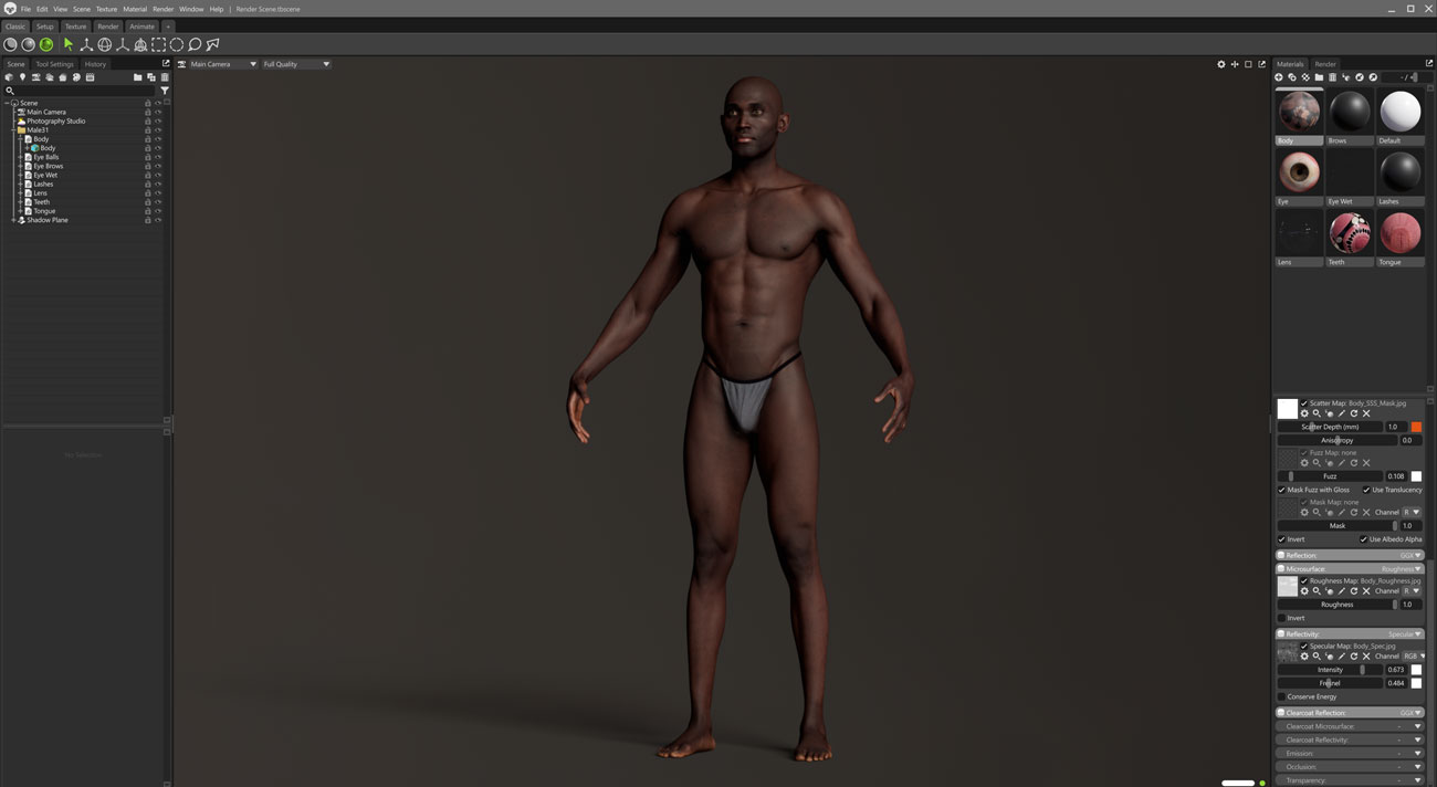 Athletic male 3D scan Marmoset Toolbag render Marmoset Toolbag real-time scene render of a lean athletic male full body 3D scan with PBR textures applied